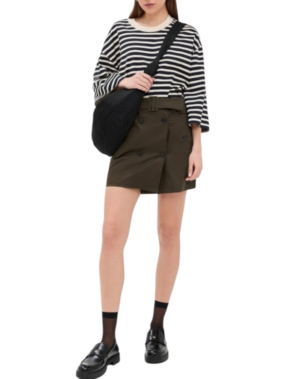 NWT ba&sh Janae Belted Mini Skirt In Khaki Dark Green Brown Button Front Fall